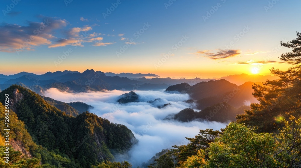 Obraz premium Breathtaking sunrise casts golden light on a mountain range, revealing peaks above a sea of clouds and creating a serene landscape