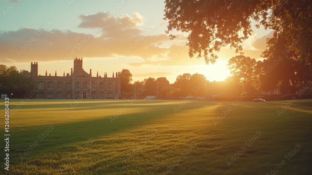 Sunset over college campus green, golden hour, peaceful evening