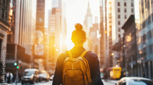 woman backpack city street sunrise urban exploration travel adve photo