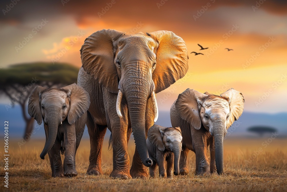 Fototapeta premium Family of elephants standing in a field with a sunset in the background, savannah with elephants concept