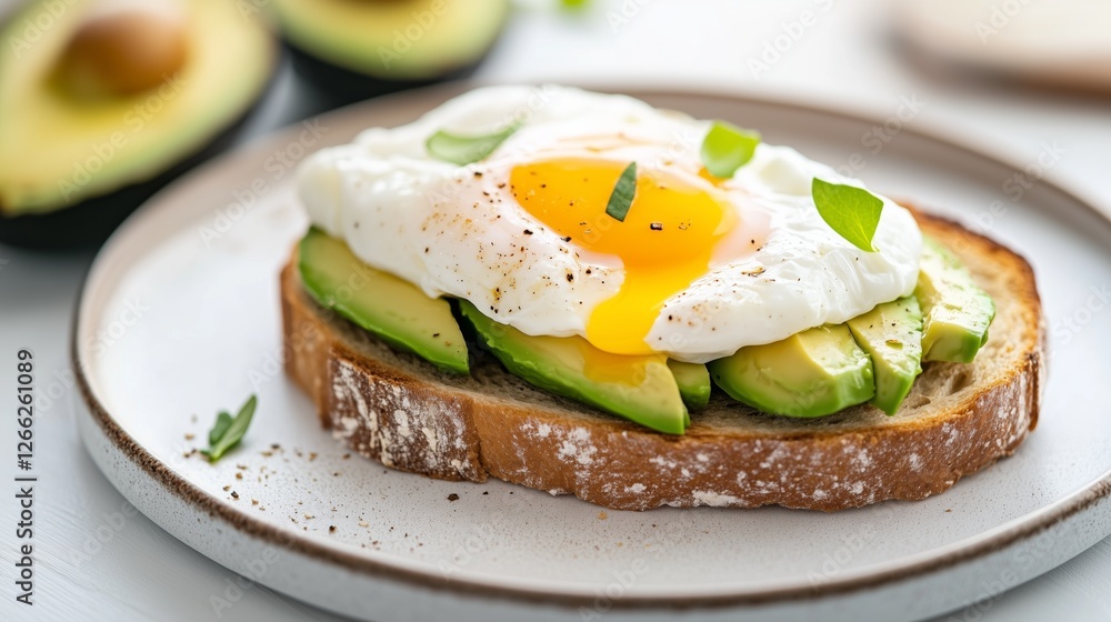 Runny poached egg resting on avocado toast, garnished with cracked black pepper and basil leaves, serving gourmet breakfast on elegant ceramic plate Runny poached egg resting on avocado toast, garnished with cracked black pepper and basil leaves, serving gourmet breakfast on elegant ceramic plate