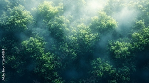 Aerial view of misty forest canopy; nature background