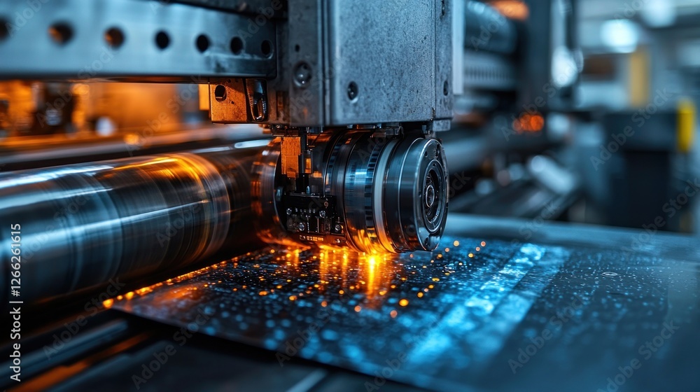 Industrial machinery processes metal sheet in factory setting Industrial machinery processes metal sheet in factory setting