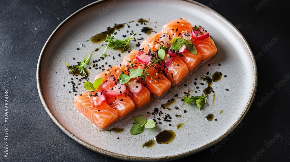Salmon carpaccio beautifully plated on a modern table, high quality cooking magazine photography. Salmon carpaccio beautifully plated on a modern table, high quality cooking magazine photography.