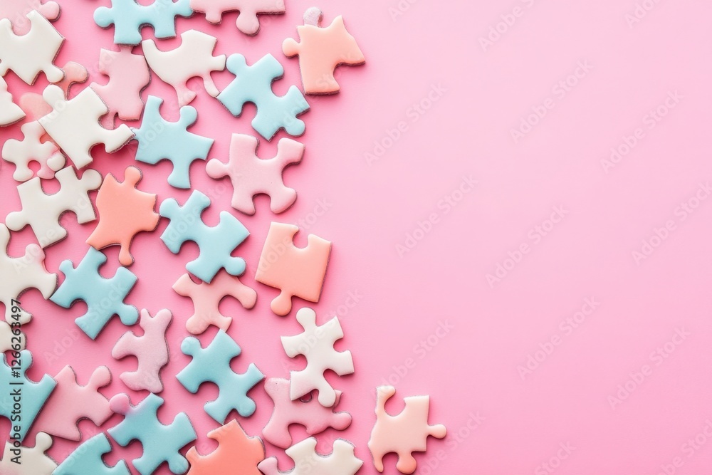Scattered puzzle pieces in pastel colors on pink background Scattered puzzle pieces in pastel colors on pink background