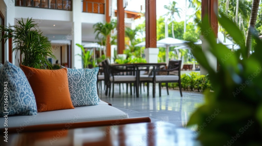 Obraz premium Elegant lobby at a beachfront resort features open walls and natural light, creating a serene atmosphere with lush tropical decor