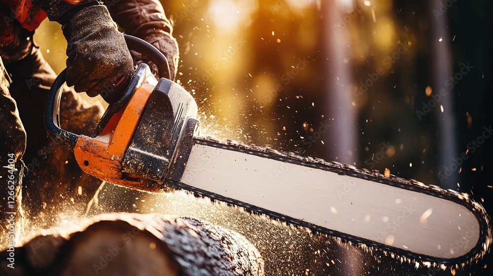 Naklejka premium Lumberjack Using Chainsaw to Cut Wood