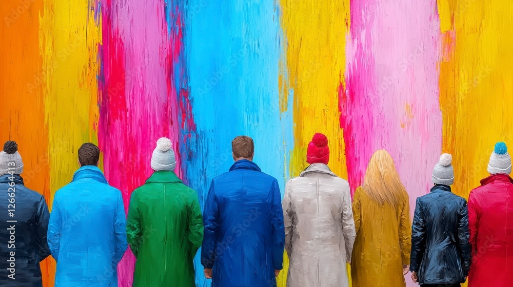 Naklejka premium A vibrant wall of colorful paint contrasts with a group of people in stylish coats, creating a dynamic and cheerful urban scene.