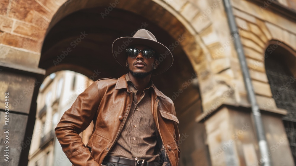 Naklejka premium stylish man in brown leather jacket and fedora hat