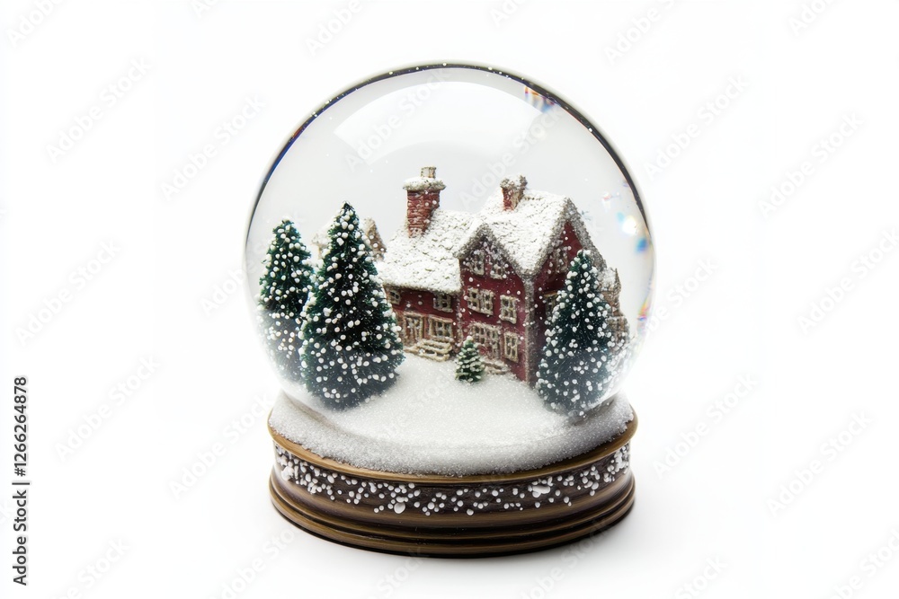 Christmas snow globe features a house and snow covered trees Christmas snow globe features a house and snow covered trees
