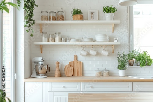 Bright kitchen with white cabinets and shelves.