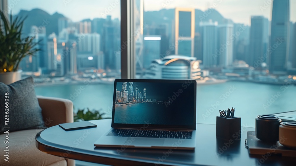 Laptop on desk, city view, office, sunrise Laptop on desk, city view, office, sunrise