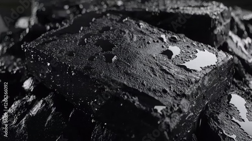 Close-Up of Pile of Black Coal with Water Droplets on Surface in Industrial Setting photo