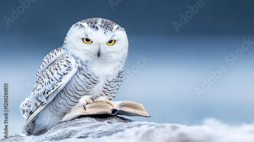 Snowy owl reading book, winter landscape