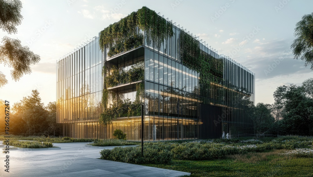 Obraz premium Modern office building with vertical garden at sunset