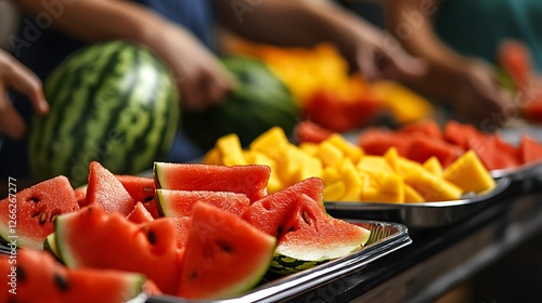 Freshly cut watermelon and assorted fruits displayed at a vibrant market stall during summer