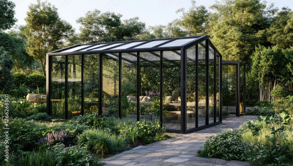 Modern glass greenhouse in garden setting, sunny day, relaxing interior Modern glass greenhouse in garden setting, sunny day, relaxing interior