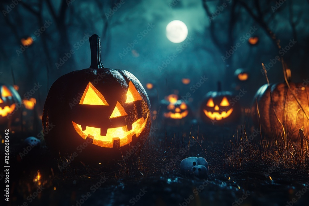 Naklejka premium A spooky Halloween scene with glowing jack-o'-lanterns in a dark, eerie forest.