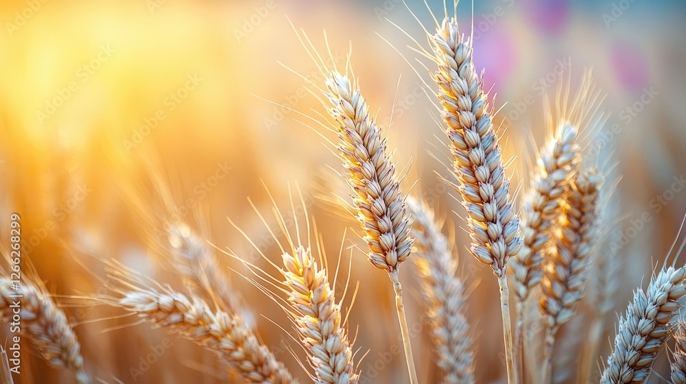 Golden wheat stalks illuminated by sunlight in a serene field during harvest season Golden wheat stalks illuminated by sunlight in a serene field during harvest season