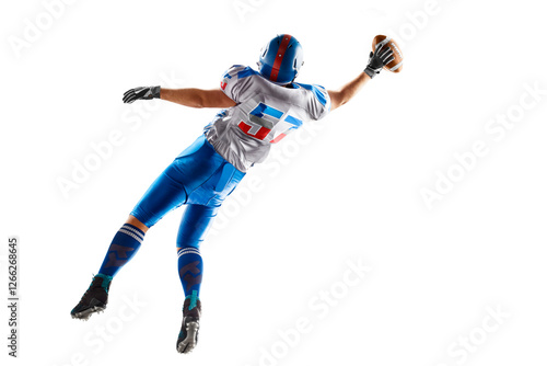 Εκτύπωση καμβά American football player catches the ball and flies in the air