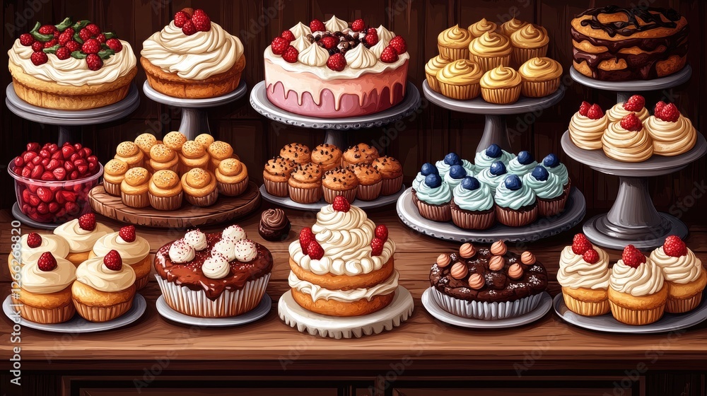 A vibrant display of assorted cakes and cupcakes on elegant stands in a cozy bakery setting A vibrant display of assorted cakes and cupcakes on elegant stands in a cozy bakery setting