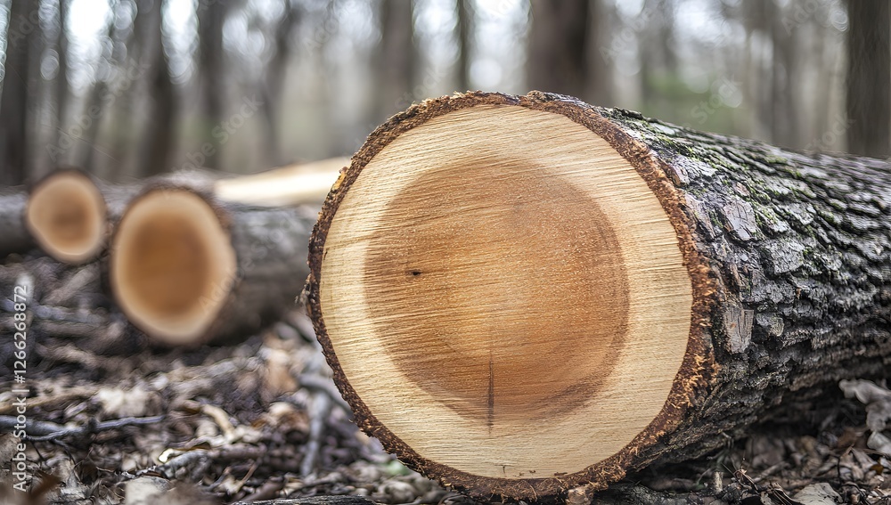Forest scene of felled logs, cut tree trunks in woodland