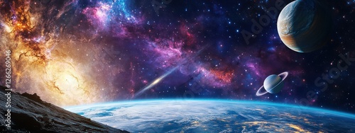 A stunning cosmic scene featuring planets, a galaxy, and Earth from space.