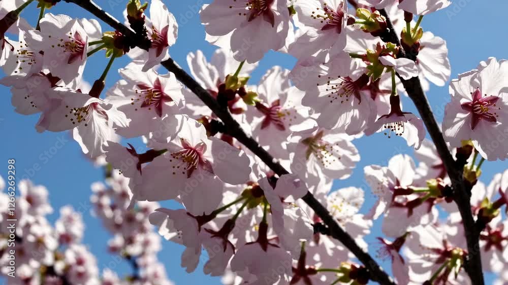 cherry blossoms with clear blue sky, springtime nature scene. tranquility and renewal concept