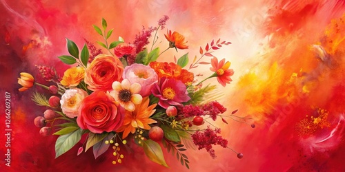 Vibrant Autumnal Bouquet with Warm Hues and Lush Floral Details Against a Vivid Red and Orange Watercolor Background