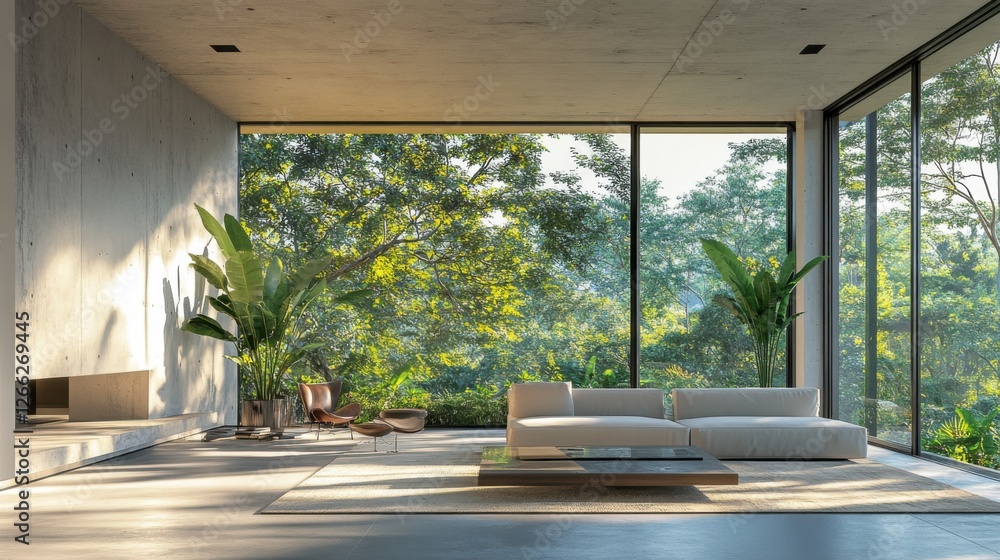 Fototapeta premium modern living room with lush greenery view