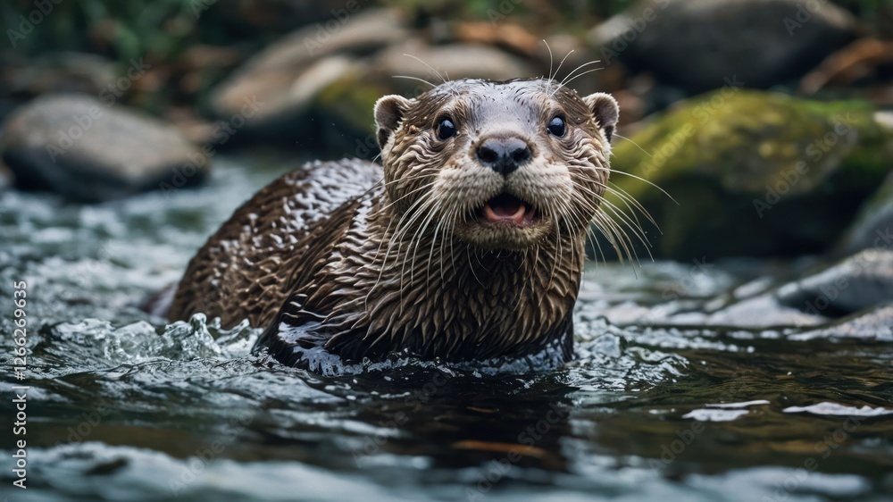 A playful otter swimming in a serene stream, showcasing wildlife in its natural habitat. A playful otter swimming in a serene stream, showcasing wildlife in its natural habitat.