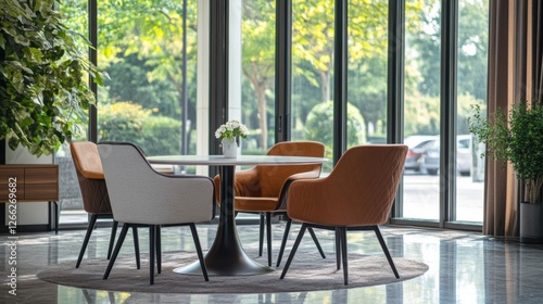 modern dining room with comfortable chairs and marble table