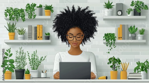 Young woman with curly hair working on a laptop surrounded by indoor plants in a modern workspace photo