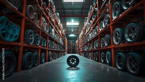 Industrial warehouse interior with rows of tires on shelves photo