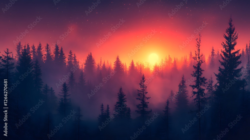 Fototapeta premium Mystical twilight over a foggy coniferous forest landscape with bright sun
