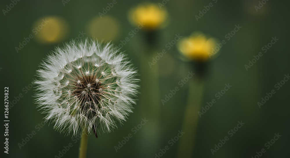Fototapeta premium Dandelion Seed Head Closeup with Blurred Yellow Flowers Background