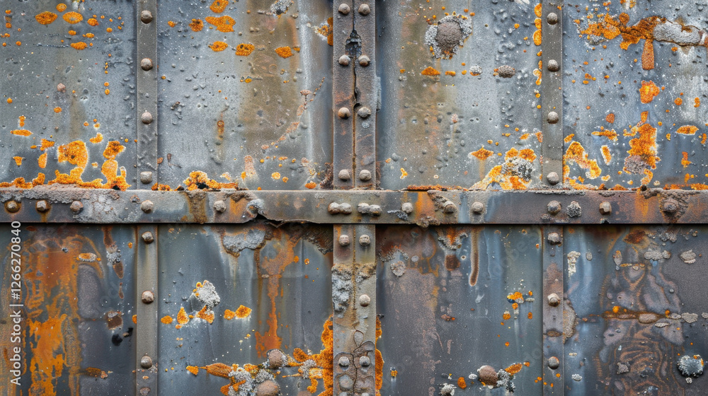 Rusty metal surface with rivets and peeling paint, showcasing weathered textures and colors. industrial aesthetic evokes sense of age and decay Rusty metal surface with rivets and peeling paint, showcasing weathered textures and colors. industrial aesthetic evokes sense of age and decay