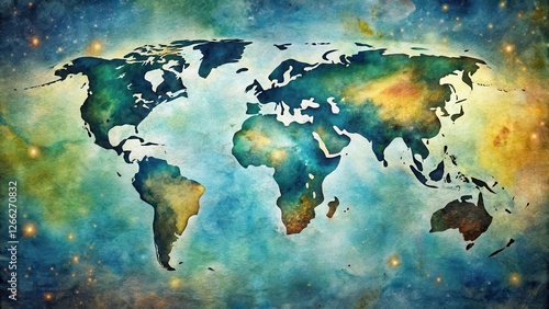 Celestial World Map An Artistic Watercolor Depiction of Global Connectivity and Exploration