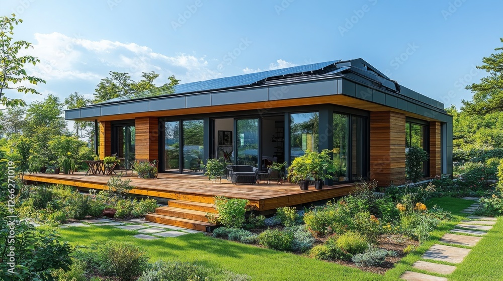 Fototapeta premium Modern Eco-Friendly Home with Solar Panels and Lush Garden: Sustainable Living in Nature's Embrace, Featuring Natural Materials and Beautiful Outdoor Space