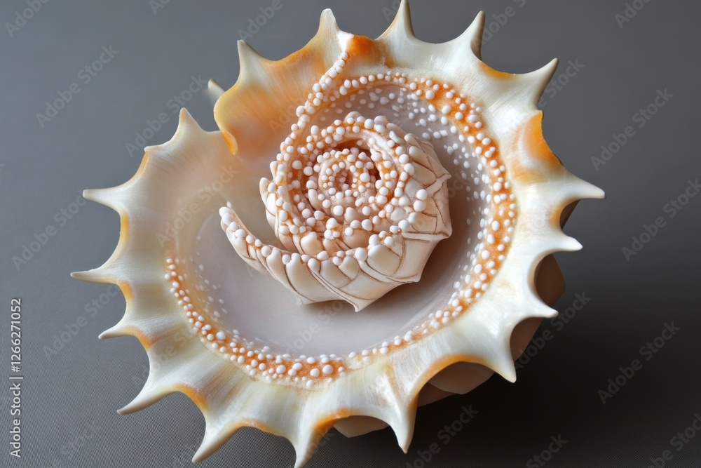 Elaborate seashell displaying intricate spiral design and spiky edges Elaborate seashell displaying intricate spiral design and spiky edges