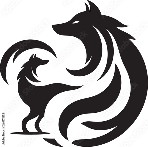 Stylized wolf and pup in a circle.