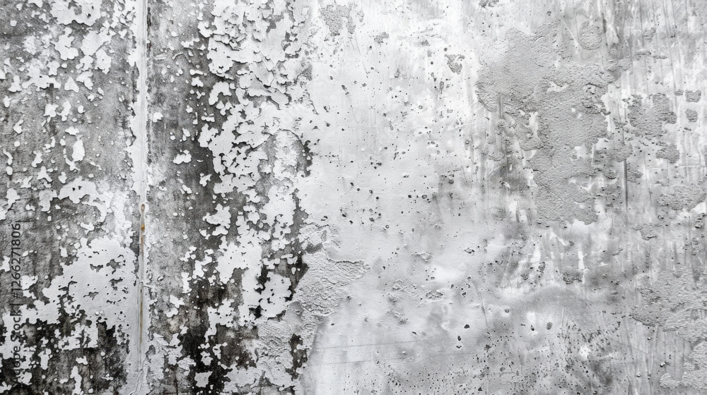 Fototapeta premium Textured gray wall with peeling paint and weathered surface, showcasing distressed look. Ideal for backgrounds or artistic projects