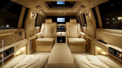 Luxury van interior, night city view, comfortable seating, VIP transport