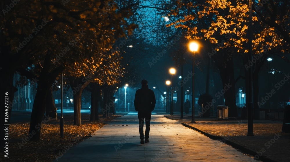 man walking alone at night in park