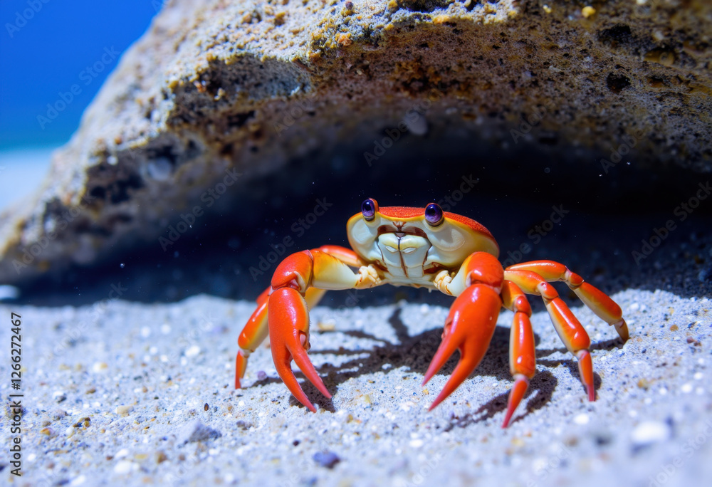 Red Crab on White Sand and Rock, Marine Life Red Crab on White Sand and Rock, Marine Life