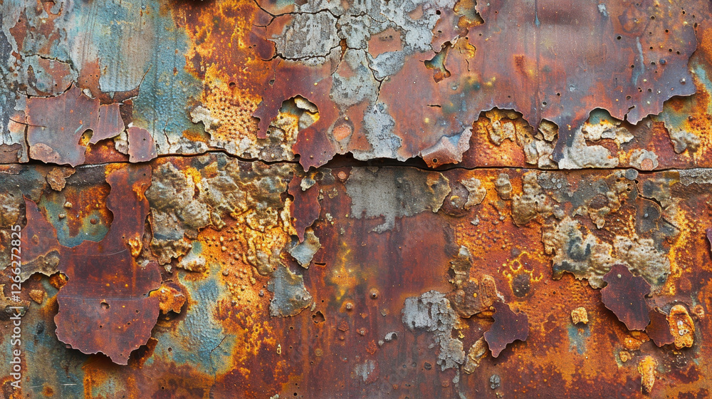 Rusty metal surface with peeling paint and corrosion, showcasing vibrant orange, blue, and gray textures. weathered appearance evokes sense of age and decay Rusty metal surface with peeling paint and corrosion, showcasing vibrant orange, blue, and gray textures. weathered appearance evokes sense of age and decay
