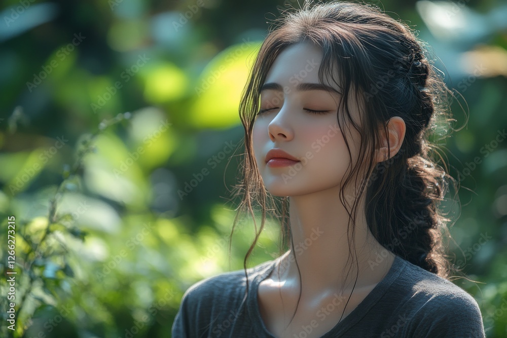 Serene Portrait of a Young Woman Meditating in Nature's Embrace, Eyes Closed in Peaceful Contemplation, Braided Hairstyle and Soft Lighting Amidst Lush Greenery. Serene Portrait of a Young Woman Meditating in Nature's Embrace, Eyes Closed in Peaceful Contemplation, Braided Hairstyle and Soft Lighting Amidst Lush Greenery.