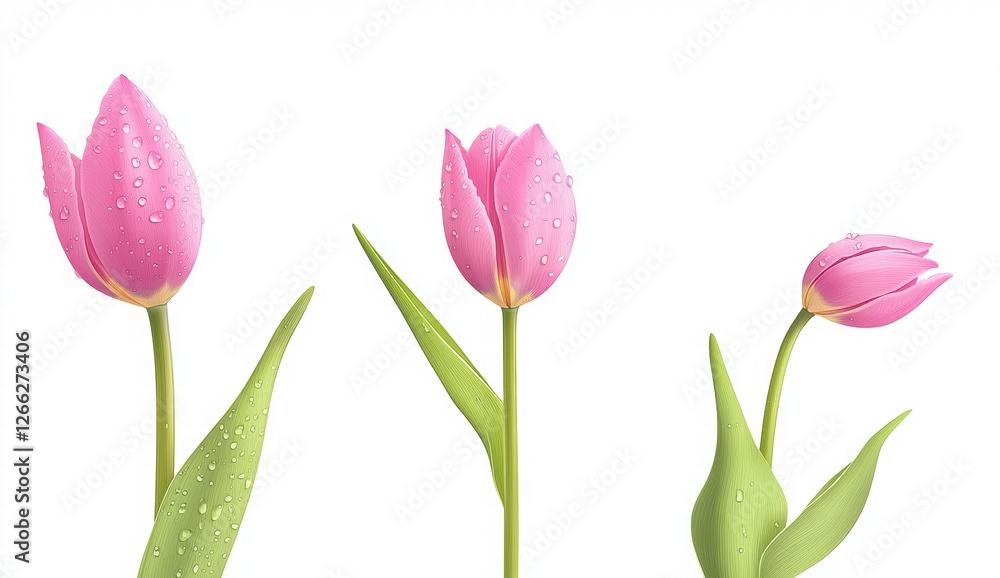 Obraz premium Vector Illustration of Pink Tulip Flowers with Dew Drops on Petals in a Minimalist Style