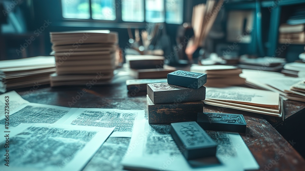 Wooden Printing Blocks and Stacked Papers on a Desk Wooden Printing Blocks and Stacked Papers on a Desk