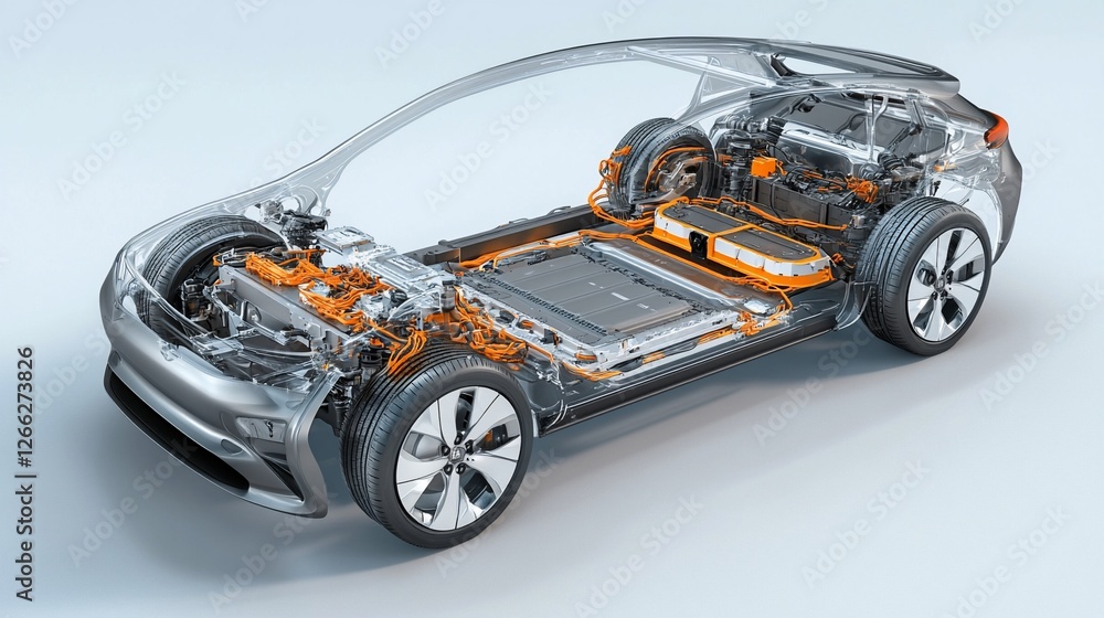 Detailed 3D Render of an Electric Vehicle Showing Internal Battery and Wiring System Detailed 3D Render of an Electric Vehicle Showing Internal Battery and Wiring System
